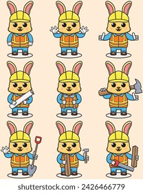 Ilustración del contratista de construcción del conejo lindo. Ilustración vectorial de un lindo capataz de edificio Conejo . Dibujo animado del trabajador de construcción del conejo lindo. Estilo plano de la historieta.