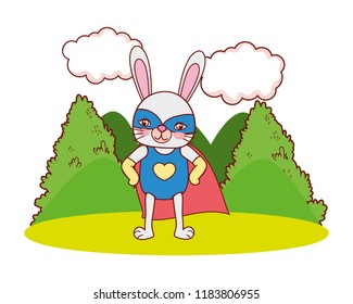 cute rabbit with costume mask and cape in the landscape