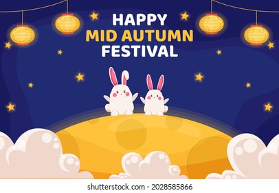 Cute rabbit couple enjoying beautiful moon scene with festive lanterns, translation: Mid-Autumn Festival