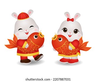 Cute rabbit couple holding koi fish as symbol of Chinese new year celebration. Cartoon design character