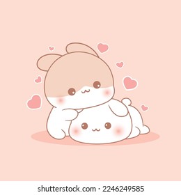 Cute rabbit couple love, happy valentine's day, cartoon character illustration