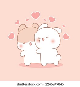 Cute rabbit couple love hugging, happy valentine's day, cartoon character illustration