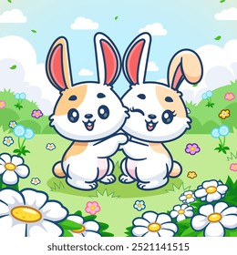 Cute Rabbit Couple Playing Together Cartoon Vector Icon Illustration. Animal Nature Icon Concept Isolated Premium Vector. Flat Cartoon Style