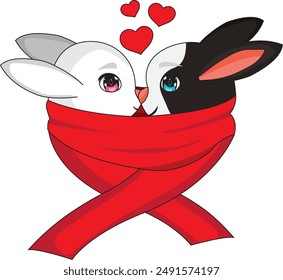 Cute rabbit couple in red scarf valentine day vector