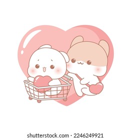 Cute rabbit couple shopping on valentine sale, happy valentine's day, cartoon character illustration