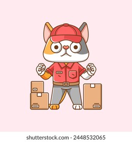 Cute rabbit courier package delivery animal chibi character mascot icon flat line art style illustration concept cartoon set