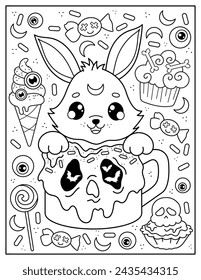 Cute rabbit and creepy cup, sweets. Coloring book for children. Coloring book for adults. Halloween.