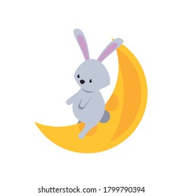 cute rabbit in crescent moon flat style icon vector illustration design