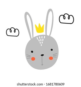 Cute rabbit with a crown and the clouds around the Mat for the newborn