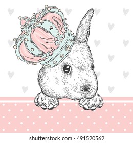 Cute rabbit in the crown. Hare sitting in sneakers. Vector illustration for greeting card, poster, or print on clothes. Fashion & Style.