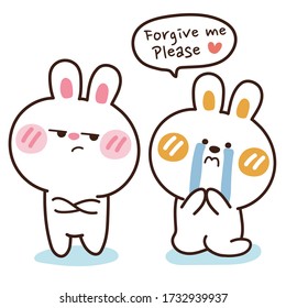 Cute Rabbit Cry And Say Sorry In Cartoon Style.Animal Hand Drawn.Doodle.Kid Graphic.Kawaii.Vector.Illustration.