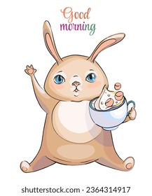 Cute rabbit with a cup of cappuccino and marshmallow, with the inscription Good morning. Vector. Holiday card, romance, art for accessories, wallpaper, hobby