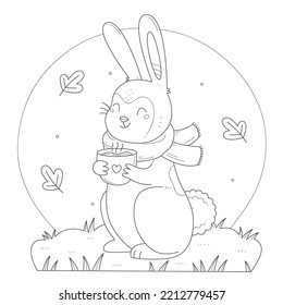 Conejo lindo con una página para colorear una taza de cacao. Bunny disfruta de una bebida caliente. Libro de coloreado de ilustraciones en blanco y negro vectorial.