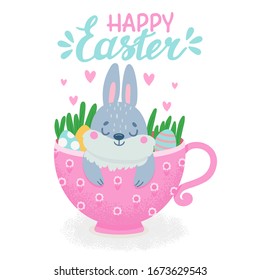 Cute rabbit in cup with eggs. Relax in mug. Happy easter. Kids print. Cartoon vector illustration