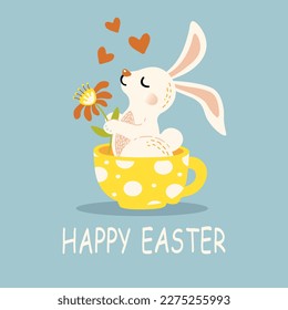 cute rabbit in a cup with a flower and the inscription happy easter