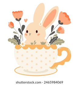 Cute rabbit in cup. Minimal cartoon style bunny with flowers. Tea party. Vector illustration.