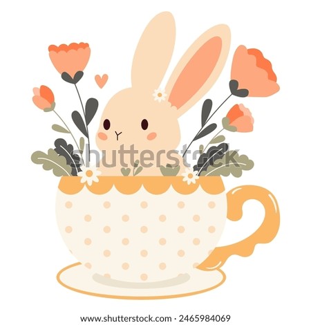 Cute rabbit in cup. Minimal cartoon style bunny with flowers. Tea party. Vector illustration.