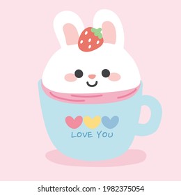 Cute rabbit in a cup of strawberry milk on pink background.Image for kid product,sticker,logo,card,wallpaper.Isolated.Logo.Kawaii.Drinking.Art.Graphic design.Icon.Illustration.Illustrator.Vector.