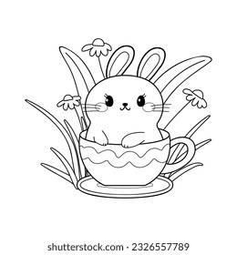 cute rabbit in the cup vector illustration for coloring page