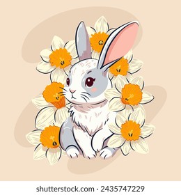Süße Kaninchen und Narzissen. Ein Strauß Narzissen und ein charmantes Tier auf einem hellen Hintergrund. Frühlingsvektordarstellung.