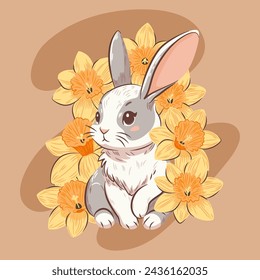 Cute rabbit and daffodils. A bouquet of daffodils and a charming animal on a light background. Spring vector illustration.