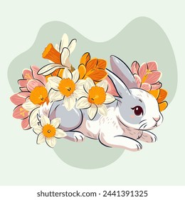 Cute rabbit in daffodils and crocuses. A bouquet of spring flowers and a cute animal on a light background. Spring vector illustration.