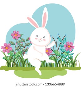cute rabbit dancing and flowers plants with leaves