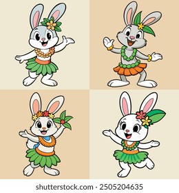 Cute rabbit dancing hula cartoon bundle, isolated premium design illustration