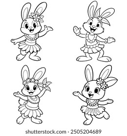 Cute rabbit dancing hula cartoon bundle. Kawaii coloring page for kids