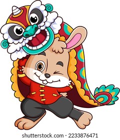 Cute rabbit dancing lion dance for Lunar New Year festival of illustration