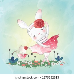 Cute Rabbit Dancing with Little Mouse