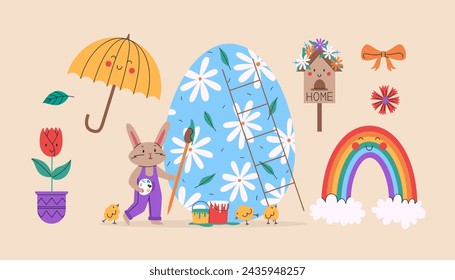 Cute rabbit decorate Easter egg with chicks. Spring set of cute objects. Vector illustration for Easter day. Easter egg with flowers and leaves. Holiday concept. Illustration for greeting cards