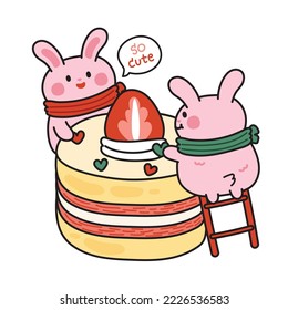 Cute rabbit decorate heart candy on strawberry cheese cake.Animal character cartoon design.Sweet and dessert hand drawn.Winter.Kid graphic.Kawaii.Vector.Illustration.