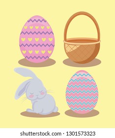 cute rabbit with decorated eggs and basket wicker for easter day