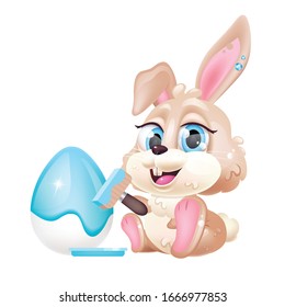 Cute rabbit decorating Pascha egg kawaii cartoon vector character. Adorable and funny animal hare isolated sticker, patch. Anime baby beige bunny preparing for Easter emoji on white background