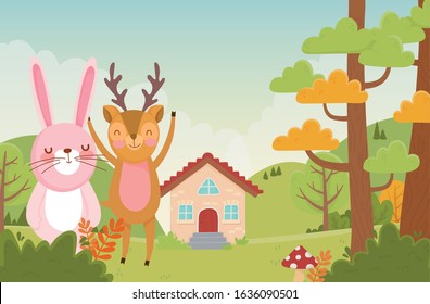 cute rabbit and deer house trees foliage nature landscape vector illustration