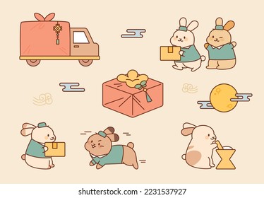 Cute rabbit deliveryman characters. They are delivering traditional Korean gift boxes. flat vector illustration.