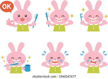 Cute rabbit and dentist toothpaste illustration set