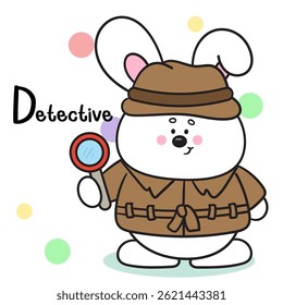 Cute Rabbit Detetive Cartoon Vetor Icon Illustration. Kawaii Bunny Trabalho animal. Estilo De Caractere Plano. Happy Occupation Kid.