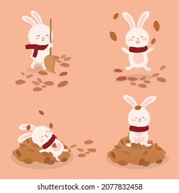 Cute Rabbit in difference action during sweeping leaves in garden.  animal cartoon character, flat Vector illustration