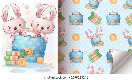 Cute rabbit with diplomat - seamless pattern