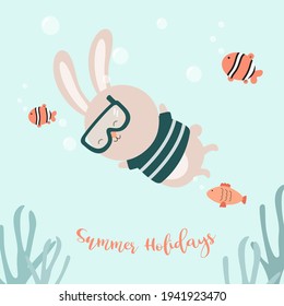 Cute Rabbit diving under the sea in summer holidays. Hand drawn style flat vector illustration, Animal cartoon Character in Summer time concept