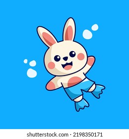 Cute rabbit diving in under the sea. cartoon animal character character design. vector illustration