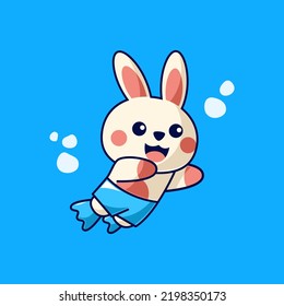 Cute rabbit diving in under the sea. cartoon animal character character design. vector illustration