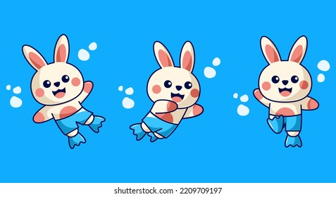 Cute rabbit diving in under the sea. cartoon animal illustration. vector design character set.