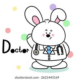 Cute Rabbit Doctor Desenho Animado Vetor Ícone Ilustração. Kawaii Bunny Trabalho animal. Estilo De Caractere Plano. Happy Occupation Kid.