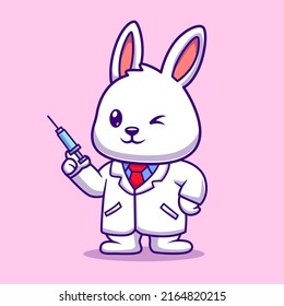 Cute Rabbit Doctor Holding Injection Cartoon Vector Icon Illustration. Animal Healthcare Icon Concept Isolated Premium Vector. Flat Cartoon Style