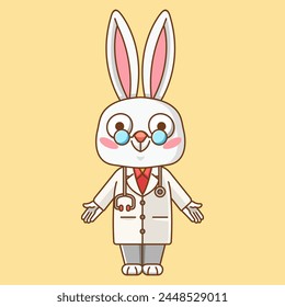 Cute rabbit doctor medical personnel chibi character mascot icon flat line art style illustration concept cartoon  set