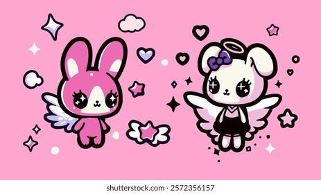 Cute rabbit and dog in anime kawaii style surrounded by stars on a pink background. Trendy vector illustration for a t-shirt print, stickers or patches.