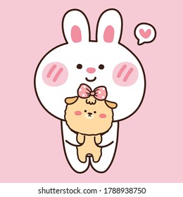 Cute rabbit with dog in cartoon.Animal character design.Bunny hold pet.Baby graphic.Image for card,sticker,kid product.Kawaii.Vector.Illustration.